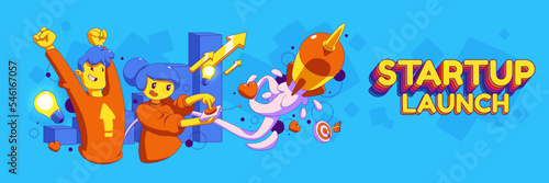 Startup business launch banner template. Contemporary vector illustration of funny characters pushing button to fire rocket, illuminated light bulbs, growth arrows. Creative idea implementation