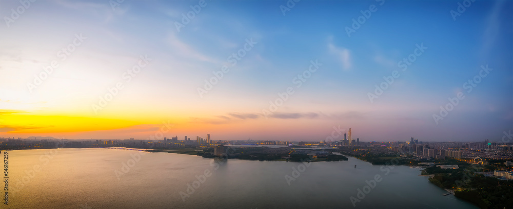 Aerial photography Suzhou city buildings skyline night view