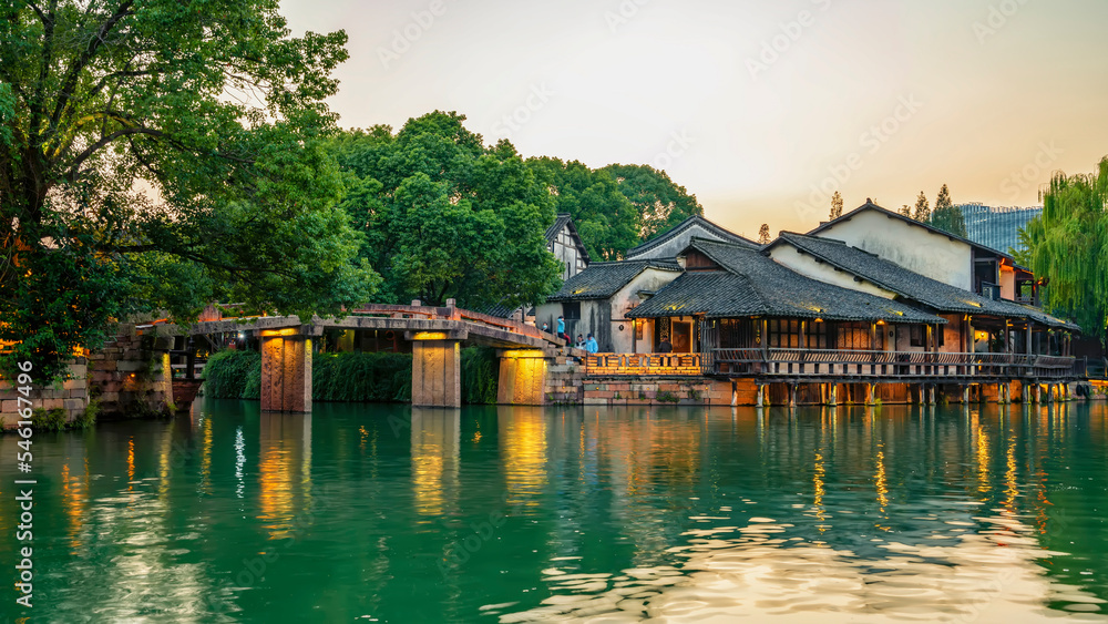 Naklejka premium Night view of ancient houses in Wuzhen, China