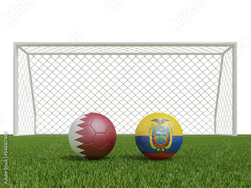 Footballs in flags colors on soccer field . Qatar with  Ecuador. 3d rendering