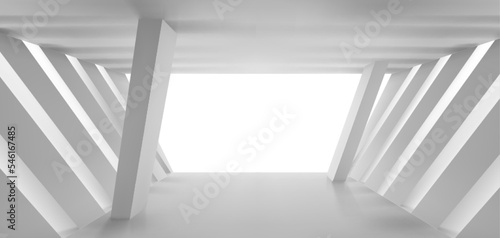 Empty corridor, hall with inclined white walls and columns. Modern house, office or gallery building interior with pillars and niches, vector realistic illustration