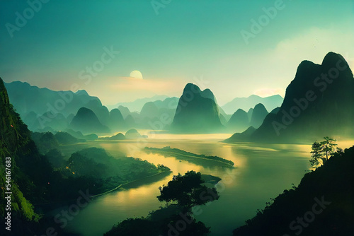 firewatch wallpaper background. beautiful scenery landscape graphic design. Halong Bay Vietnam