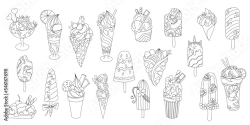 Different sorts of ice cream. Monochrome deserts isolated on white background. Coloring book style for children and adults. Hand drawn vector illustration 