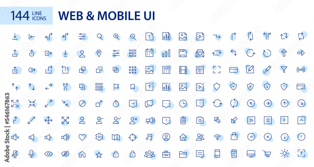 144 simple line art web and mobile ui icons. Pixel perfect, editable stroke