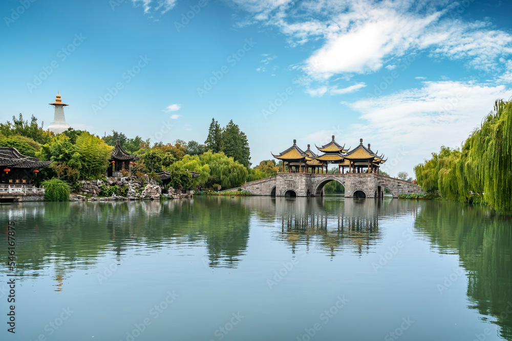 Aerial photography of Chinese garden landscape of Slender West Lake in Yangzhou Aerial photography of Chinese garden landscape of Slender West Lake in Yangzhou