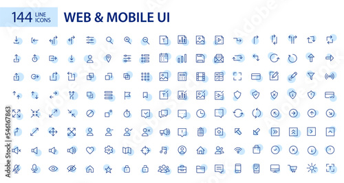 144 simple line art web and mobile ui icons. Pixel perfect, editable stroke