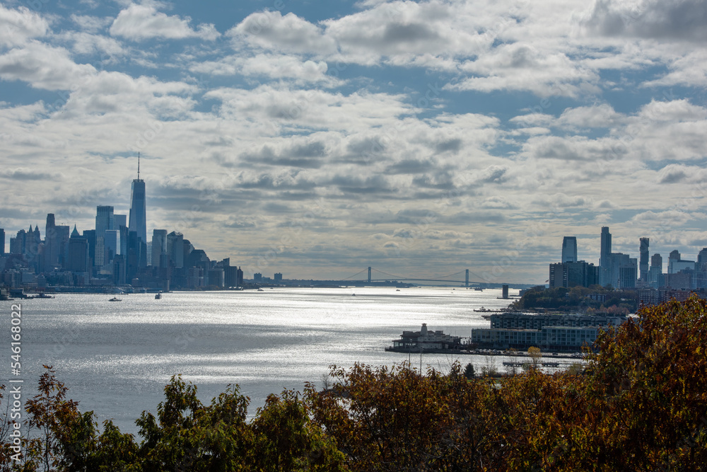 Panorama of the city, Manhattan and the Hudson river on a bright autumn day.