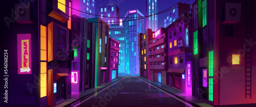 City street with houses and buildings with glowing windows at night. Cityscape with road, houses, store, offices and skyscrapers with neon signboards, vector cartoon illustration