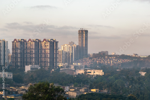 A cityscape skyline of high rise skyscrapers in the suburb of Kandivali in the city of Mumbai.