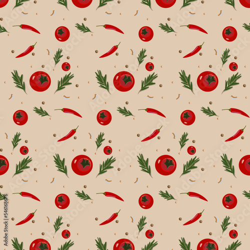 Delicious pattern with tomatoes, hot peppers, black pepper, white pepper, garlic and rosemary sprigs