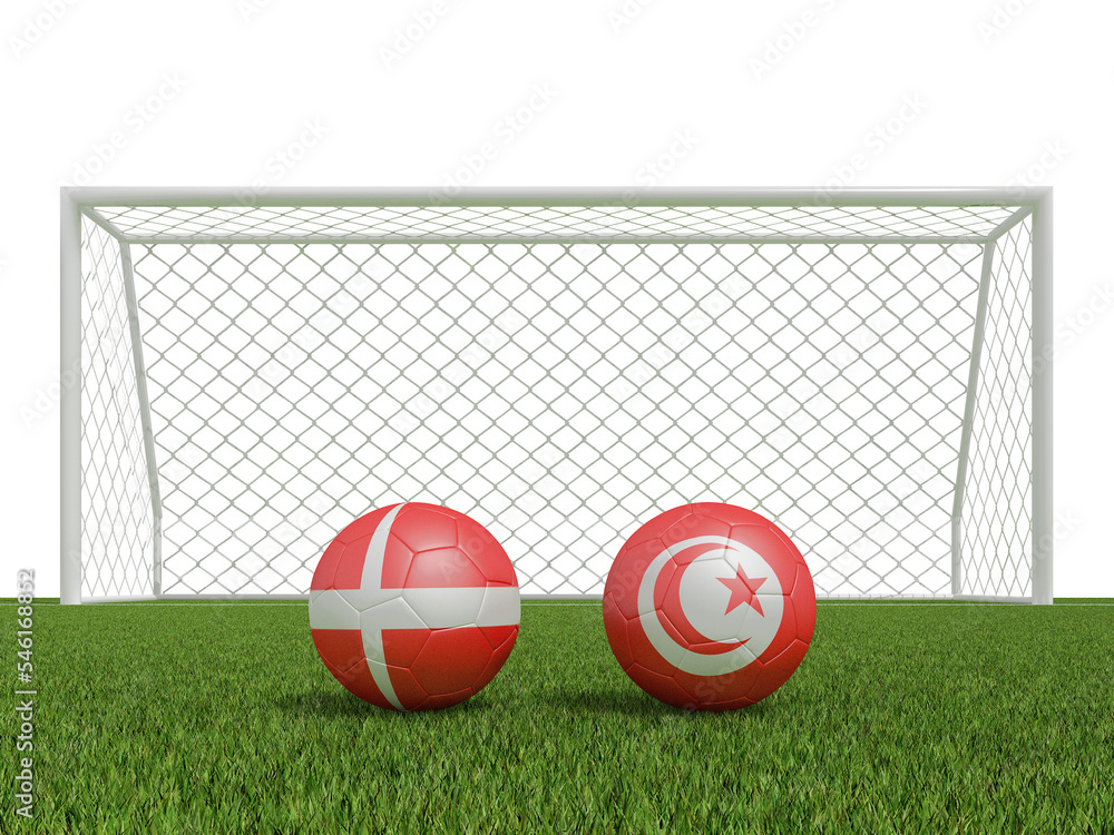 Footballs in flags colors on soccer field . Iran with USA. 3d rendering Footballs in flags colors on soccer field . Iran with USA. 3d rendering