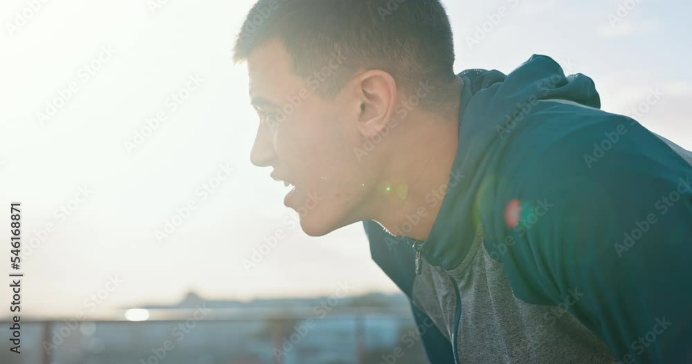 Breathe, rest and fitness, runner and man tired during break from run outdoor, exercise and cardio workout. Running motivation, athlete catch breath and sports with wellness, training and active. Breathe, rest and fitness, runner and man tired during break from run outdoor, exercise and cardio workout. Running motivation, athlete catch breath and sports with wellness, training and active.