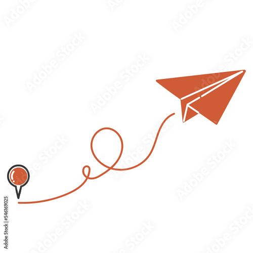 hand drawn doodle paper plane flying with gps line illustration