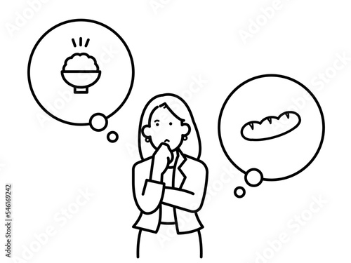 小麦の値上がりで米を選択する女性のイラスト　線画のみ