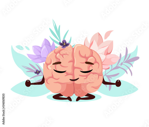 Cute brain in the lotus position. Mental health. Cartoon design.
