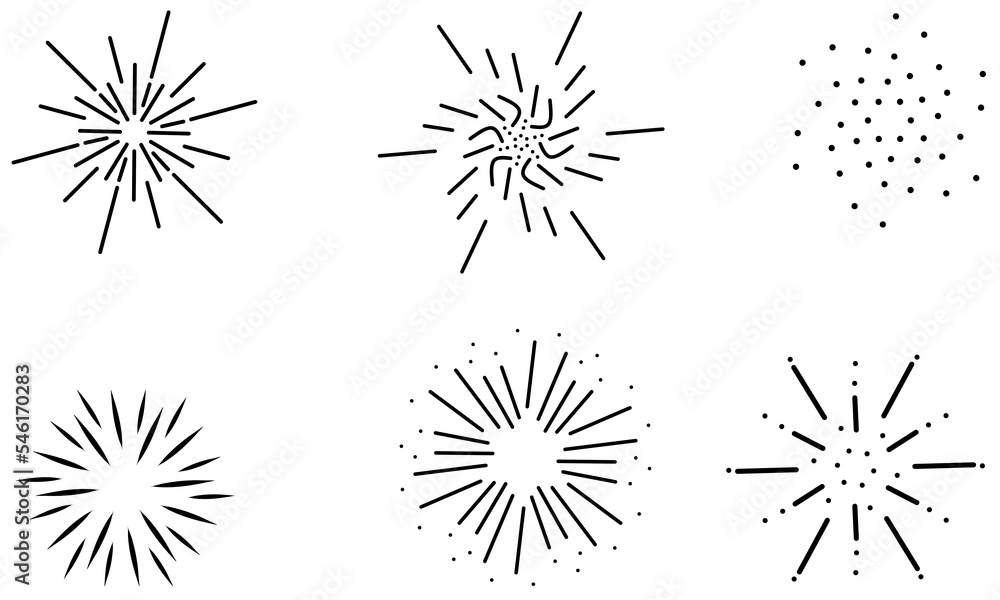 Set of exploding fireworks of various shapes on a white background. Firecracker line design great for birthday, holiday, new year, christmas celebration. Vector illustration.