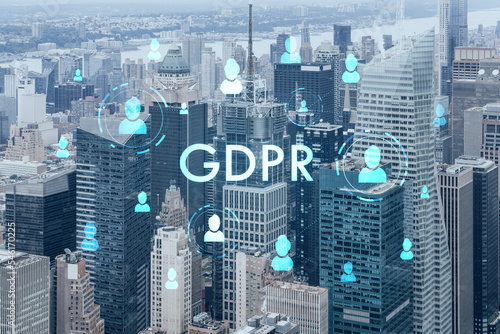 Aerial panoramic city view of Time Square area, Manhattan West Side and the Hudson River, New York city, USA. GDPR hologram, concept of data protection regulation and privacy for all individuals