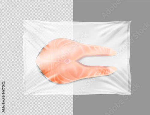 Butcher fish steak covered in clear film. Vector illustration isolated on white background. The translucent layer perfectly simulates the top stretched layer of plastic. EPS10.	
