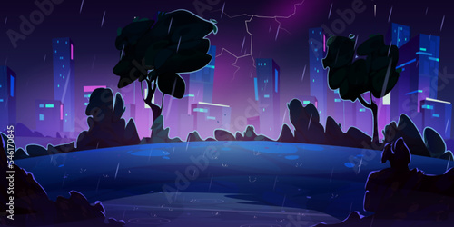 Night thunderstorm with rain and lightning in city with park and skyscrapers. Summer landscape with dark trees silhouettes and houses on skyline in storm, vector cartoon illustration