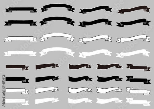 リボンの白黒フレームセット　線画＆塗り（手描き・鉛筆・ライブトレース版）