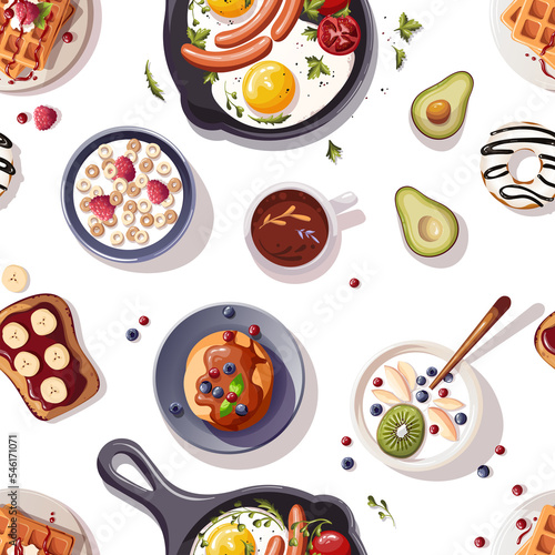 Seamless pattern with Pan of scrambled eggs, pancakes, yogurt, waffles, toast, donut, avocado. Healthy eating, nutrition, natural food, breakfast, cooking concept.