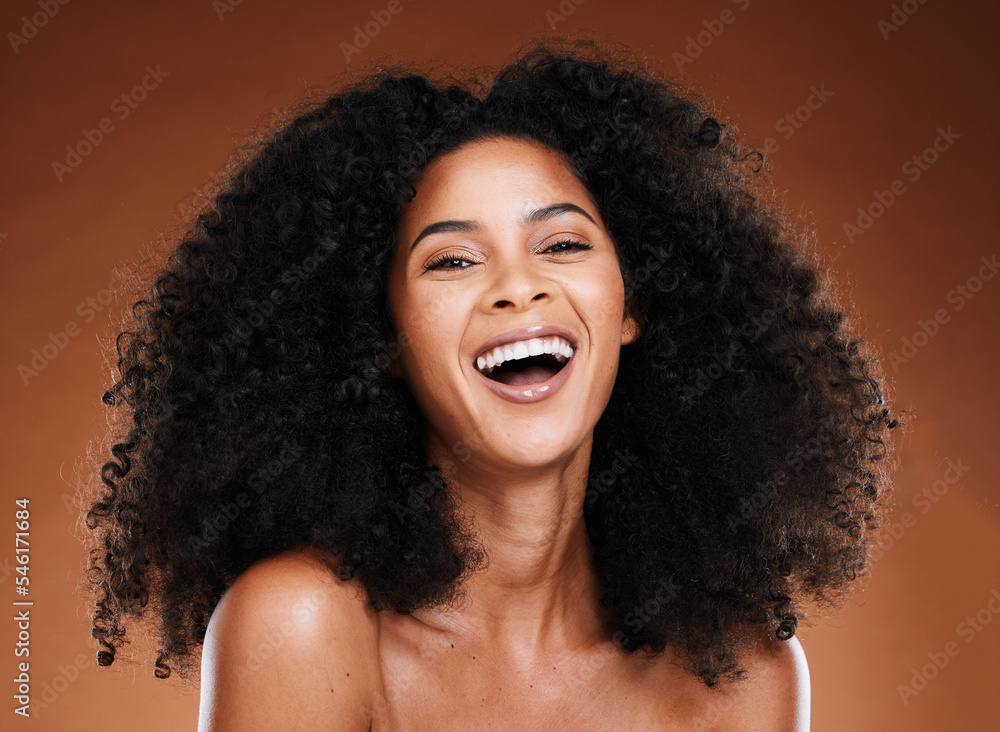 Black woman afro, beauty and smile for skincare, makeup or cosmetics against a studio background. Portrait of African American female model smiling in happiness or satisfaction for perfect skin Black woman afro, beauty and smile for skincare, makeup or cosmetics against a studio background. Portrait of African American female model smiling in happiness or satisfaction for perfect skin