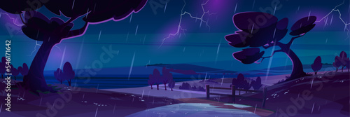 Night rain at countryside cartoon landscape, storm with lightning strikes in dark sky, dirt road, trees with bushes and sea view. Rainy background, thunderstorm natural scene, Vector illustration