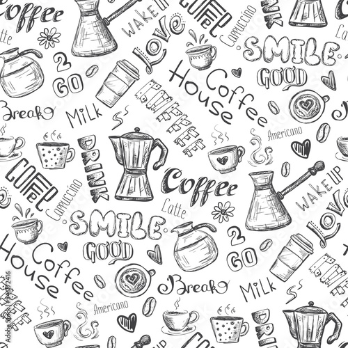 Seamless pattern with coffee. Various words, mugs and signs on coffee theme, on white background. Texture with doodle coffee symbols, decor, monochromatic hand drawn wallpaper.