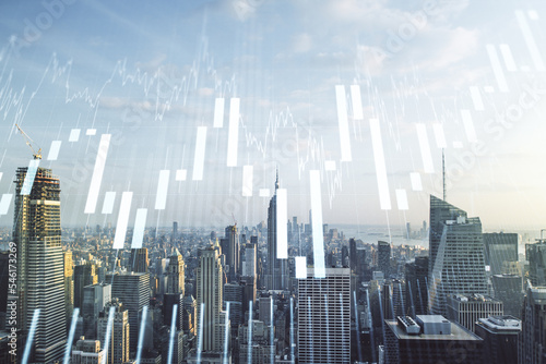 Multi exposure of abstract virtual financial graph hologram on New York skyline background  forex and investment concept