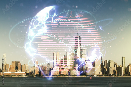 Double exposure of abstract digital world map hologram with connections on Manhattan office buildings background  big data and blockchain concept