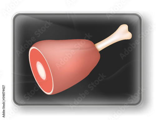Fresh beef or pork leg in plastic package. Raw meat product on tray or vacuum wrap container