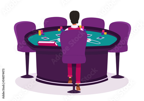 Croupier in a casino at a blackjack table vector illustration. Casino, gaming house flat illustration. People characters. Casino interior decor. Gambling industry. For design casino web sites.