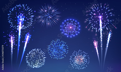 Bright Violet And Blue Vector Fireworks In The Night Sky.