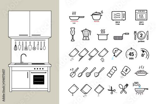 Set of icons for cooking in the kitchen. Set of sign for detailed guideline. Vector elements. Ready for your design. EPS10.	