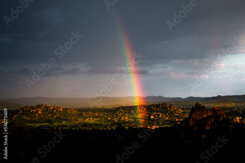 Rainbow view from matanga hill hampi karnataka unesco world heritage site. Cloudy weather 