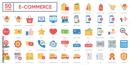 E-Commerce flat icons. 50 E-commerce, online shopping and delivery icon. Flat icons collection