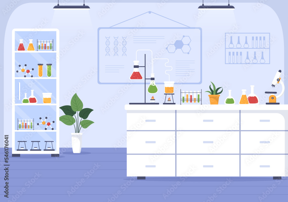Fototapeta premium Laboratorium with Conducting Research Scientific, Experimentation and Measurement in a Lab in Flat Cartoon Hand Drawn Templates Illustration