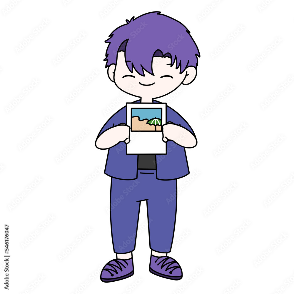 Traveling boy holding photos a sea color illustration Traveling boy holding photos a sea color illustration