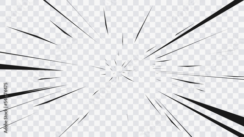 Abstract comic book flash explosion radial lines on transparent background. Vector illustration superhero design. Bright black light strip burst. Flash ray blast glow. Speed lines Manga frame. Anime