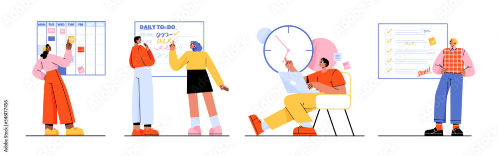 Time management, planning, tasks schedule business concept with people making notes and plan affairs in calendar or todo list. Efficient and effective multitasking work Linear flat vector illustration