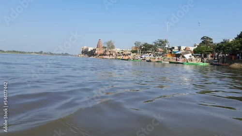 Yamuna River view from the boat in the day at Vrindavan, Krishna temple Kesi Ghat on the banks of the Yamuna River in the town of Vrindavan, Boating at Yamuna River Vrindavan