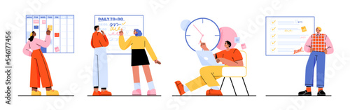 Time management, planning, tasks schedule business concept with people making notes and plan affairs in calendar or todo list. Efficient and effective multitasking work Linear flat vector illustration © klyaksun