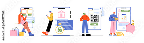 Online bill, payment via mobile phone concept. People use smartphone for shopping or bank financial transactions. E-wallets, digital modern pay technology and retail, Linear flat vector illustration