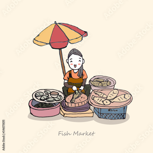 a woman selling some fresh fish at local market, vector illustration, freehand drawn style