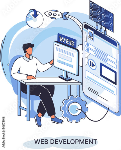 Web development metaphor, coding and programming responsive layout internet site or app of devices. Creation digital Software mobile, desktop platforms. Computer code, tablet, phone, digital business
