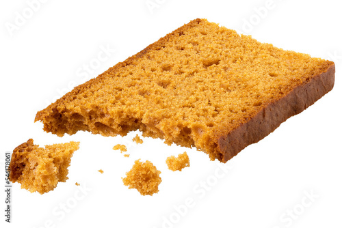 Fotografie Partially eaten slice of spiced honey cake with crumbs isolated.