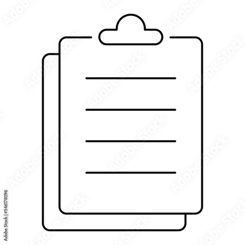 Black outline simple icon of a tablet for holding a paper document. Contour vector symbol isolated on transparent background. Thin lines. Line thickness editable