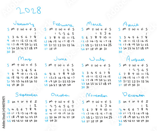 2028年シンプル手描きカレンダー