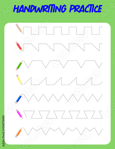 Tracing lines with pencil. Handwriting practice for children.Practicing fine motor skills. Educational game for preschool kids. Vector illustration.