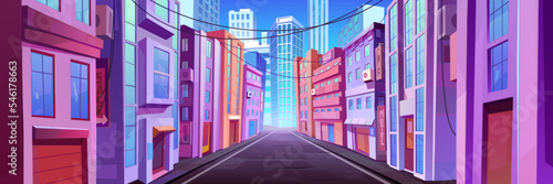 Fototapeta Naklejka Na Ścianę i Meble -  City street with houses and skyscrapers in perspective view. Town landscape with road, buildings with store, offices and motel, hanging power lines, vector cartoon illustration